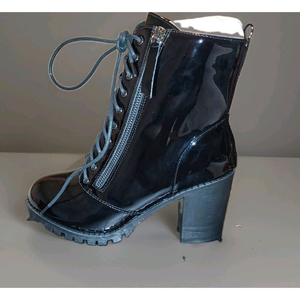Fashion Nova No Strings Attached Black Patent Boots Womens Size 10W Wide Heel